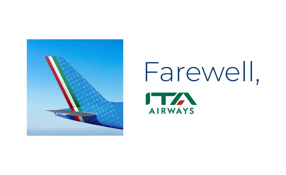 L'ultima immagine di ITA Airways come compagnia appartenente a SKyteam prima dell'integrazione nel Gruppo Lufthansa, con il messaggio 'Farewell' e la livrea dell'aeromobile tricolore.