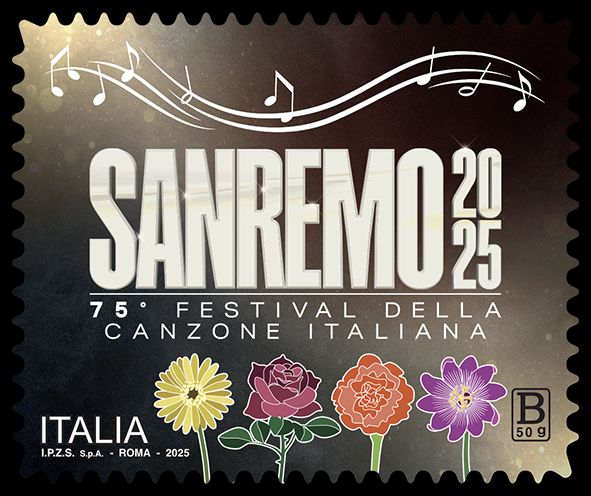 Francobollo ufficiale dedicato alla 75ª edizione del Festival di Sanremo, emesso il 15 febbraio 2025.