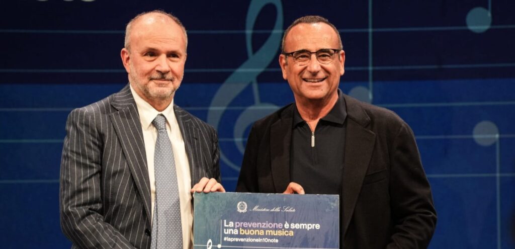 Carlo Conti e il Ministro della Salute Orazio Schillaci a Casa Sanremo, presentano la campagna "La prevenzione è sempre una buona musica".